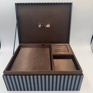 Avon Jewelry Box Navy Blue Pinstripe Brown Satin Lining Removable Tray Organizer